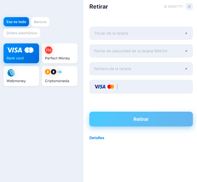 Elegir un método de retiro en 1Win